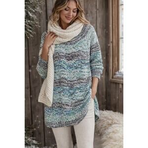 J Jill Marled Open Knit Tunic Sweater Size XL Cotton Blue Green Boho Winter Cozy